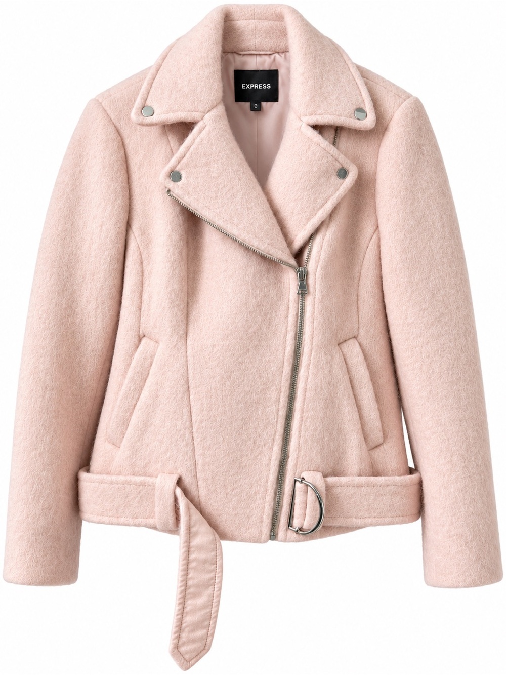 Express Blush Pink Wool Blend Moto Jacket Belted Biker Coat XS NWT